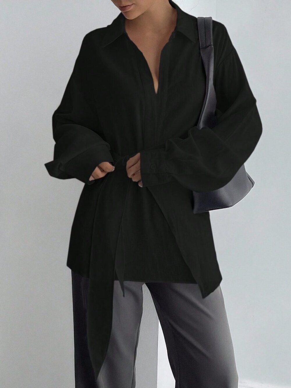 Black Elegant Women's Half-Placket Side Tie Pullover Casual Shirt - Picture 5 of 5